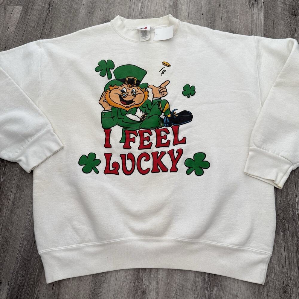 Vintage I Feel Lucky St Patrick’s Day Sweatshirt Mens XL 90s White Signal USA
